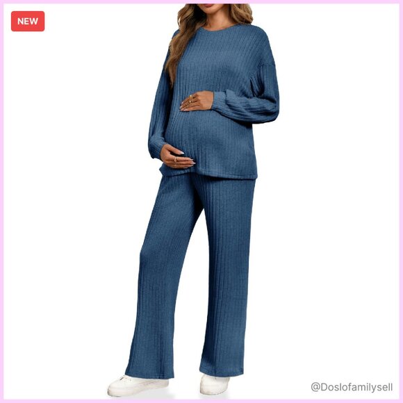 Maternity Pajama Set Ribbed Knit Lounge Wear Cozy Chic Two Piece Outfit